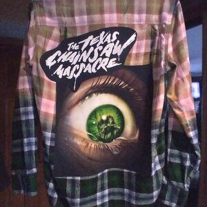 upcycled bleached flannel shirt w/ TEXAS CHAINSAW MASSACRE back patch